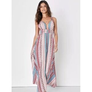 Lulus Women's Relaxin Multi Print Maxi Dress Boho Colorful‎ Pink Blue Size S